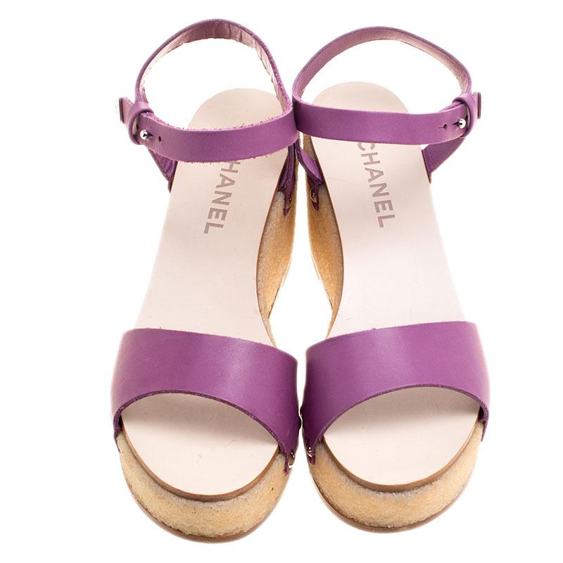 Beige Chanel Purple Leather Ankle Strap Platform Wedge Sandals Size 39