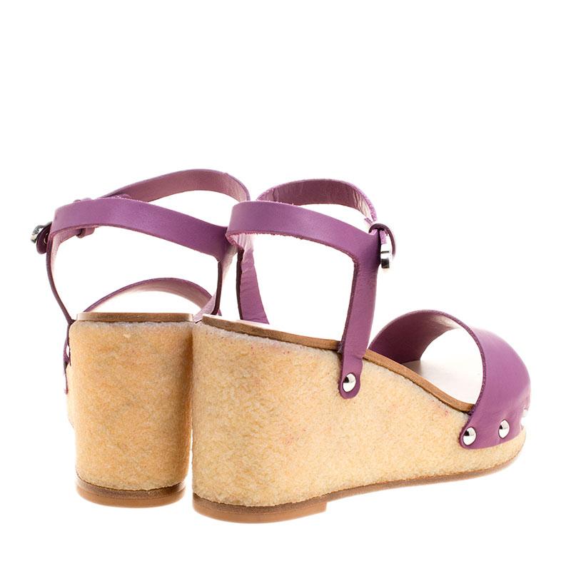 Women's Chanel Purple Leather Ankle Strap Platform Wedge Sandals Size 39