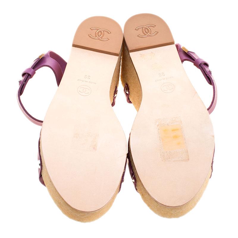 Chanel Purple Leather Ankle Strap Platform Wedge Sandals Size 39 2