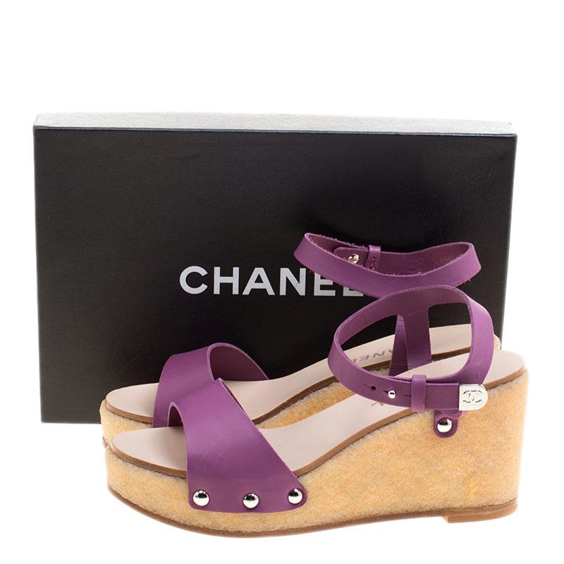 Chanel Purple Leather Ankle Strap Platform Wedge Sandals Size 39 3