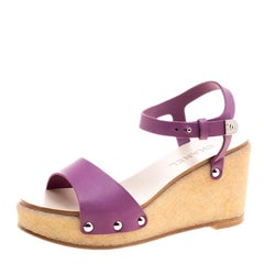 Chanel Purple Leather Ankle Strap Platform Wedge Sandals Size 39