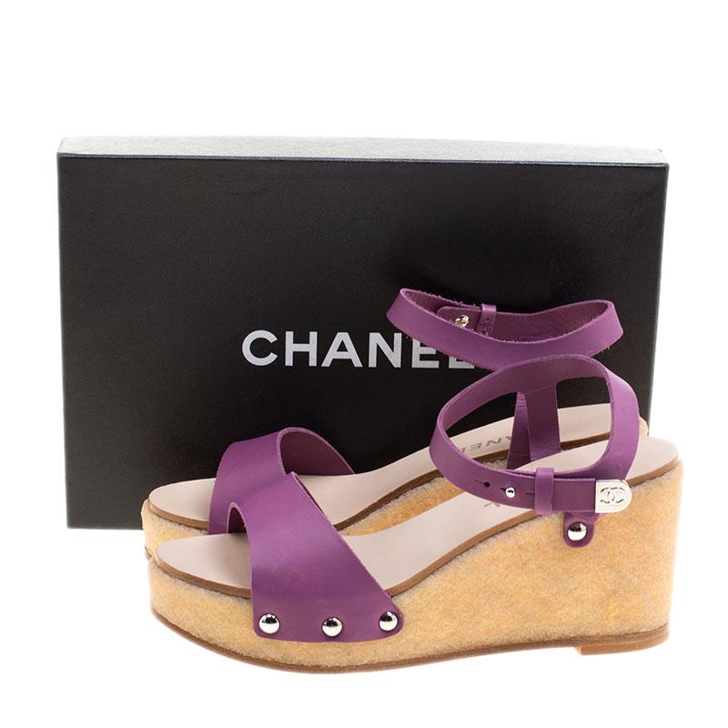 Beige Chanel Purple Leather Ankle Strap Platform Wedge Sandals Size 40
