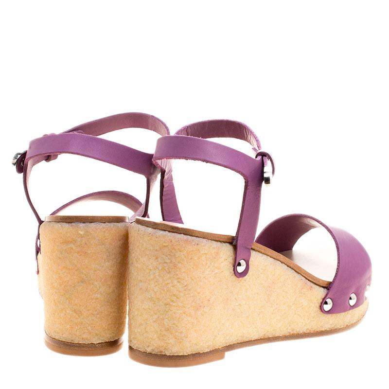 Chanel Purple Leather Ankle Strap Platform Wedge Sandals Size 40 1