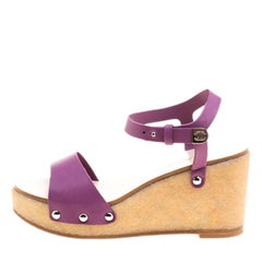 Chanel Purple Leather Ankle Strap Platform Wedge Sandals Size 40