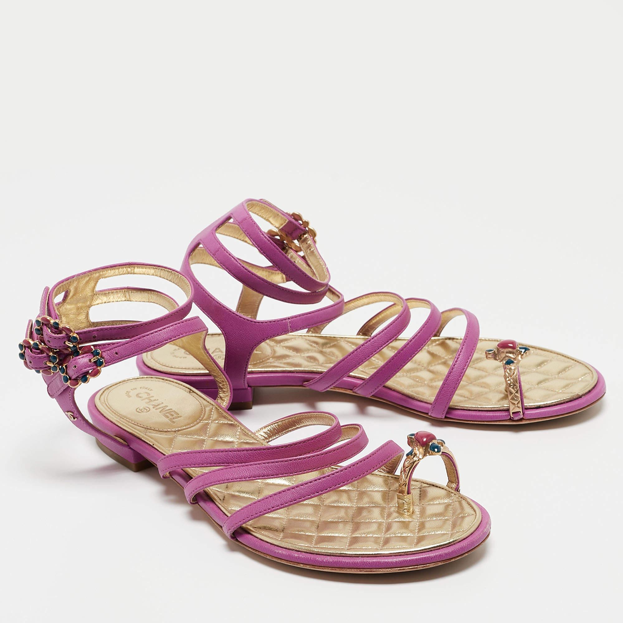 Chanel Purple Leather Embellished Toe Ring Ankle Strap Flat Sandals Size 36.5 1