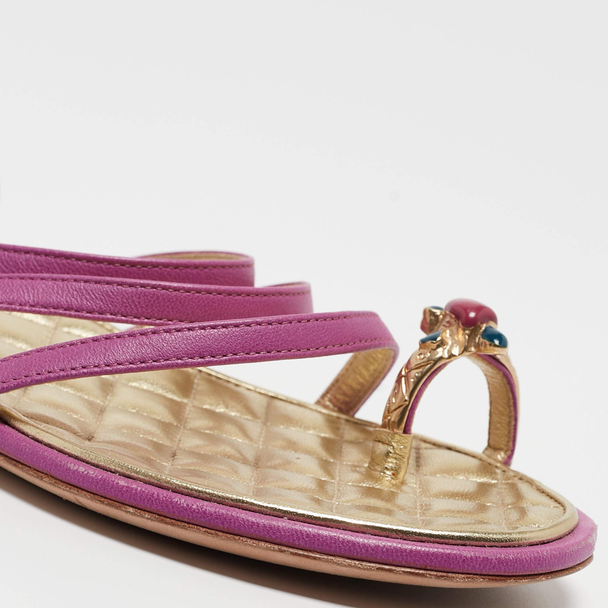 Chanel Purple Leather Embellished Toe Ring Ankle Strap Flat Sandals Size 36.5 2