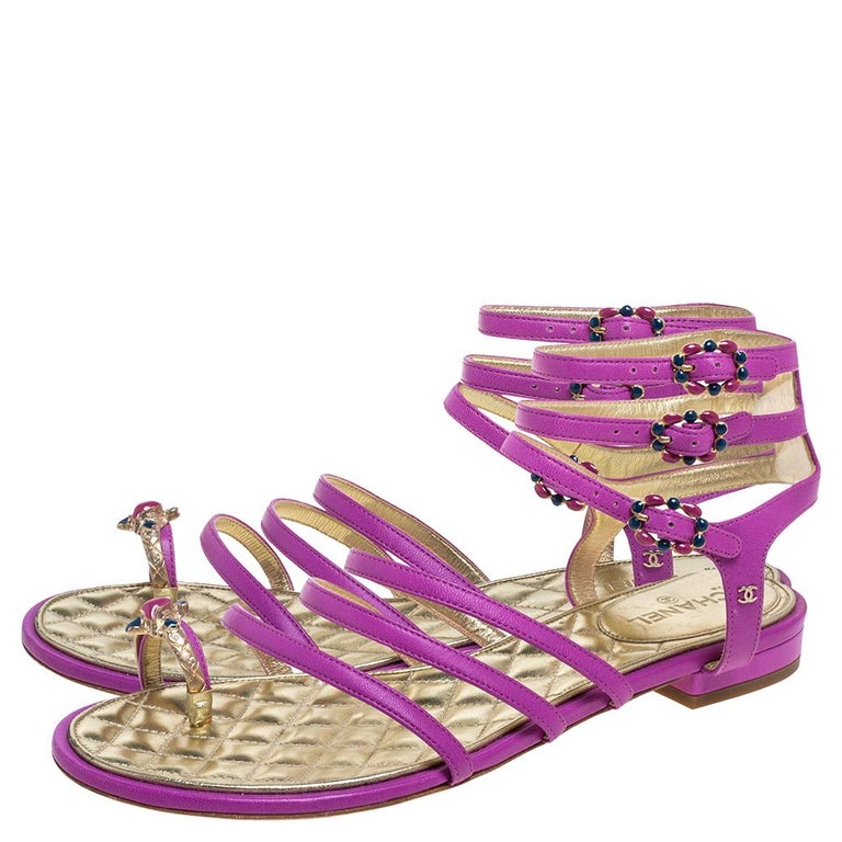 Chanel Purple Leather Embellished Toe Ring Gladiator Flat Sandals Size 38  at 1stDibs