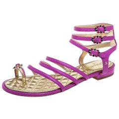 Chanel Purple Leather Embellished Toe Ring Gladiator Flat Sandals Size 38