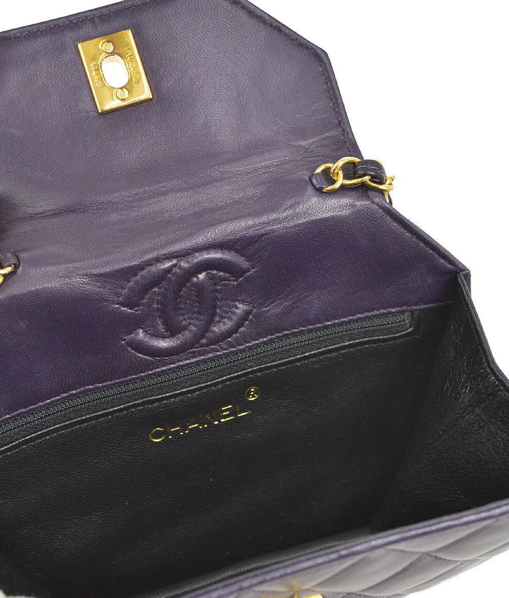 Black Chanel Purple Leather Gold Octagon Small Mini Shoulder Flap Bag in Box
