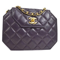 Chanel Purple Leather Gold Octagon Small Mini Shoulder Flap Bag in Box