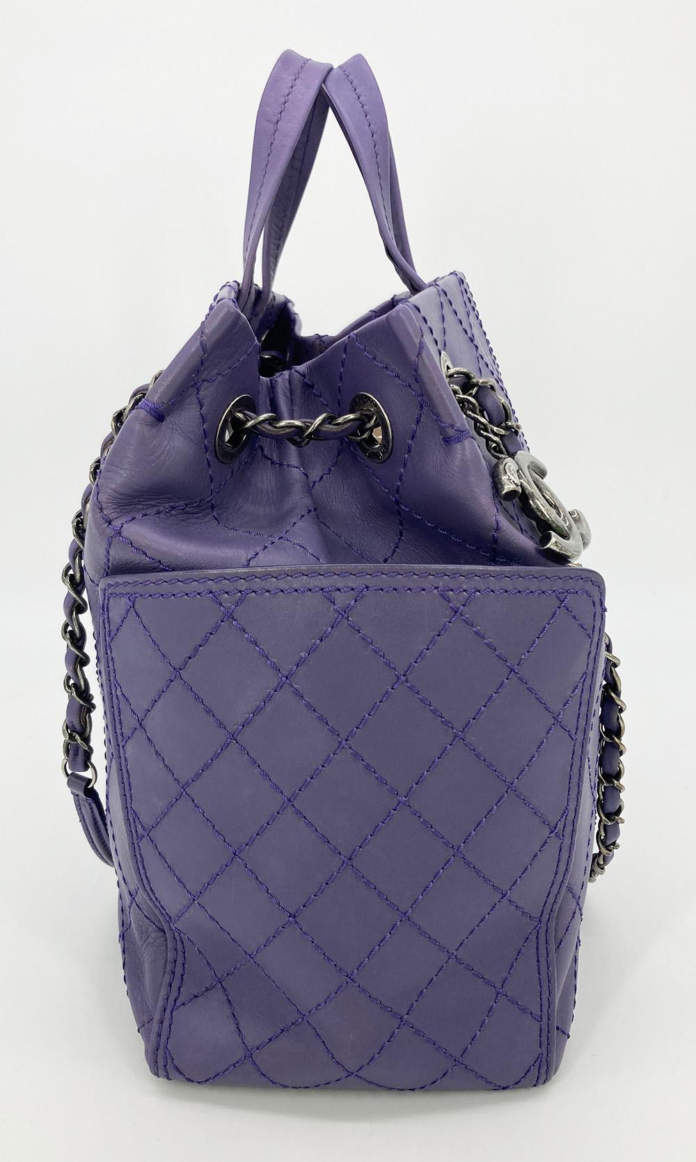 Gray Chanel Purple Leather Top Stitch CC Pocket Tote  For Sale