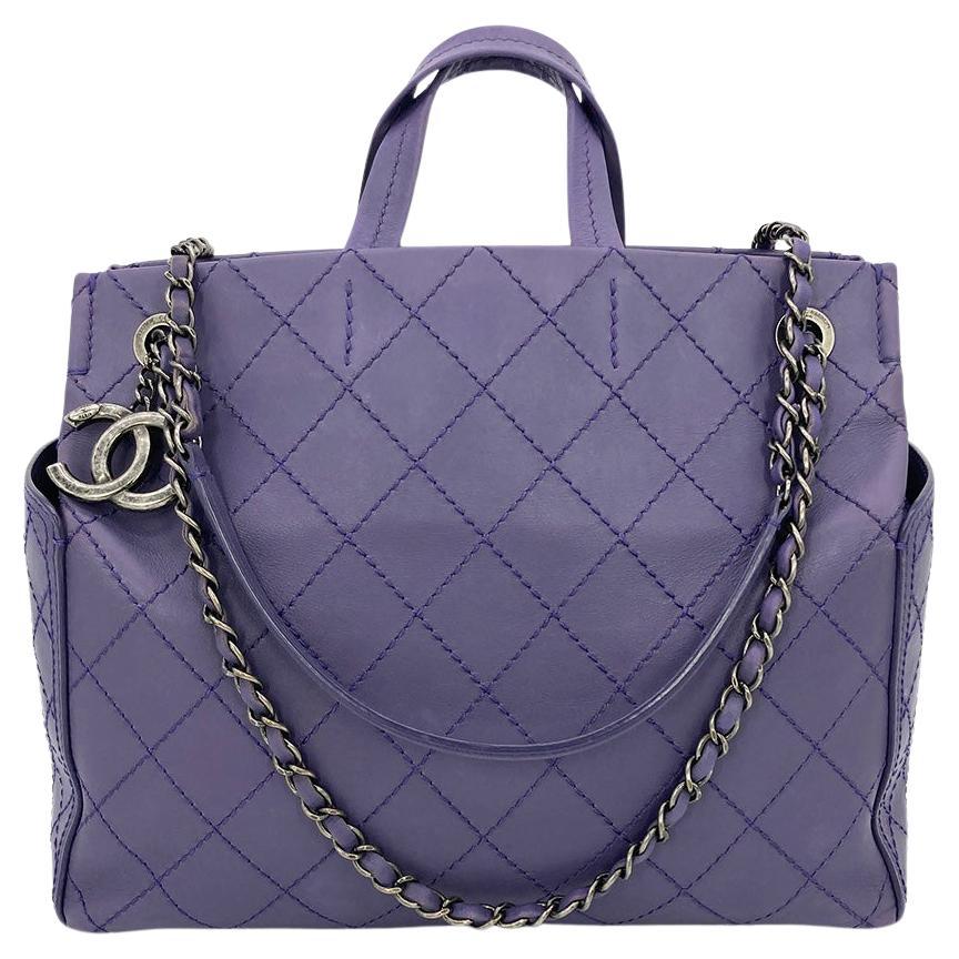 Chanel Purple Leather Top Stitch CC Pocket Tote  For Sale
