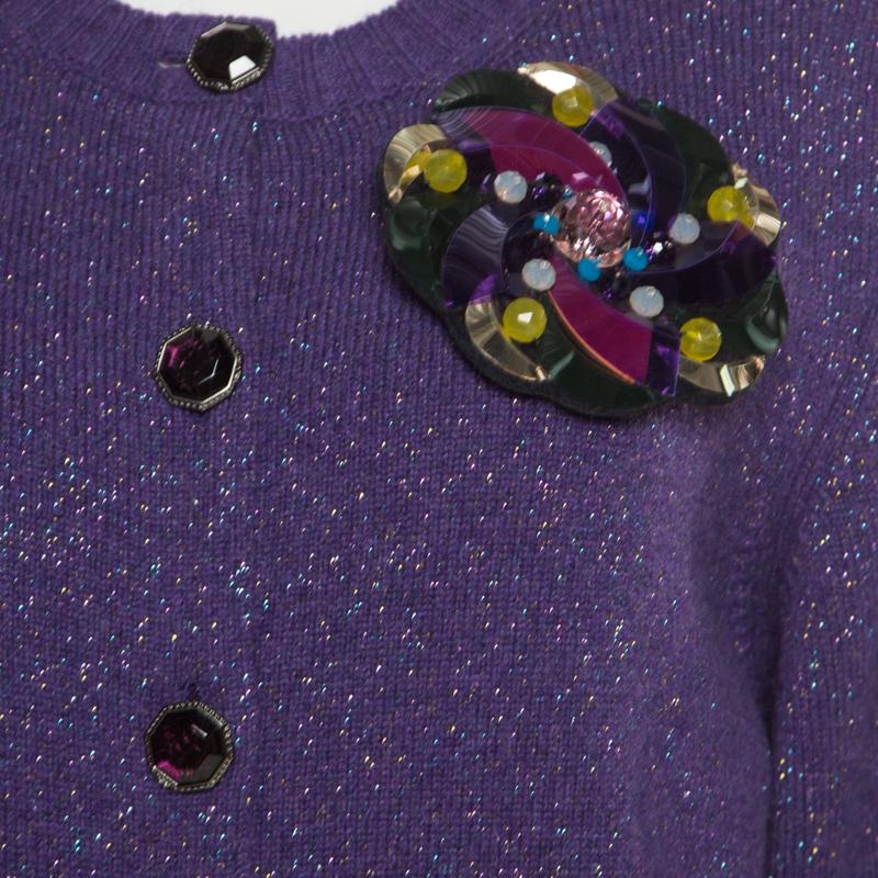 Chanel Purple Lurex Knit Cashmere Embellished Button Cardigan L In New Condition In Dubai, Al Qouz 2