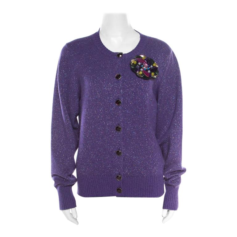 Chanel Purple Lurex Knit Cashmere Embellished Button Cardigan L