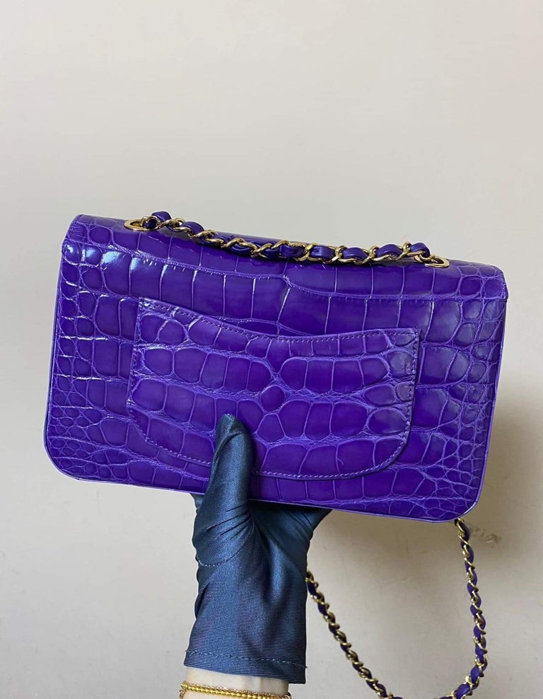 Chanel Purple Medium Shiny Alligator Double Flap Bag with Gold Hardware