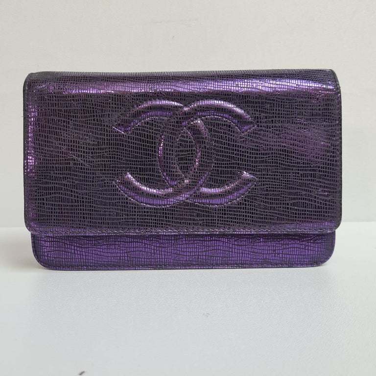 Chanel Purple Metallic Crackling Lizard Printed Timeless Wallet on Chain  For Sale at 1stDibs