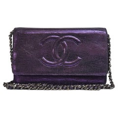 Chanel Purple Metallic Crackling Lizard Printed Timeless Wallet on Chain