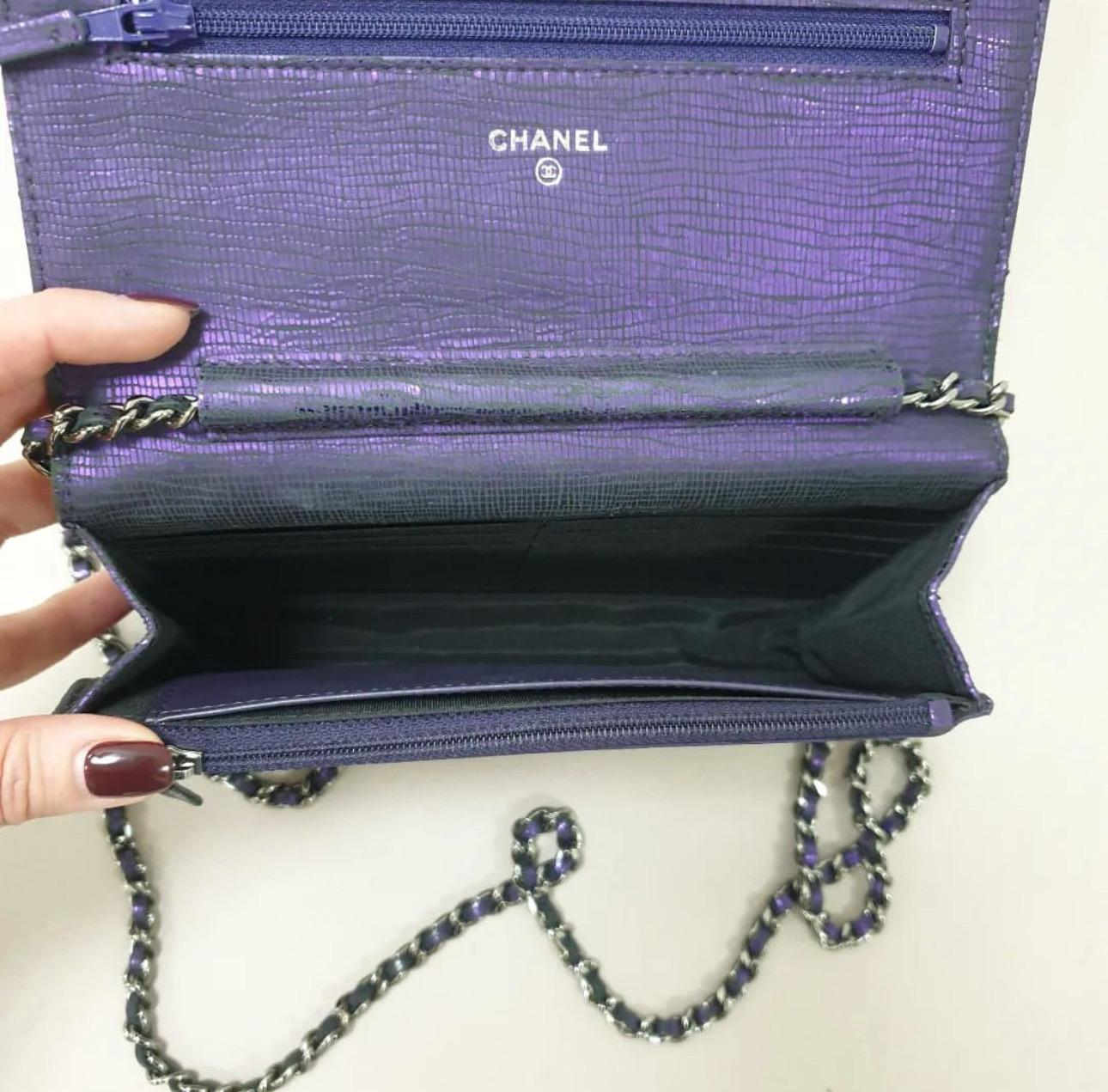 Women's or Men's Chanel Purple Metallic Crackling Lizard Printed Timeless WOC For Sale