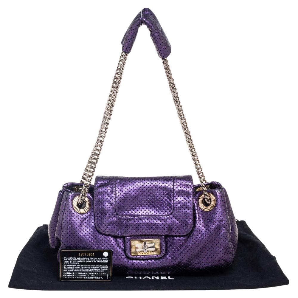 Chanel Purple Perforated Shine Leather Classic Flap Accordion Bag In Good Condition In Dubai, Al Qouz 2