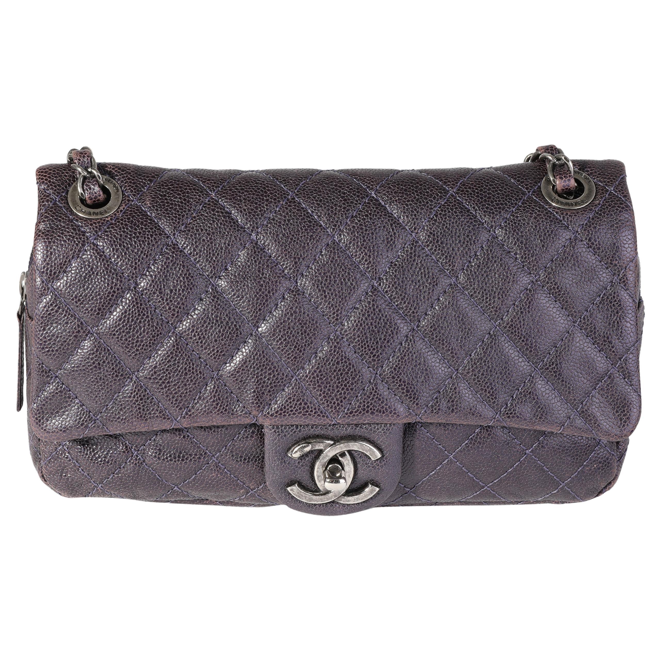 Chanel Purple Quilted Caviar Easy Flap Bag For Sale