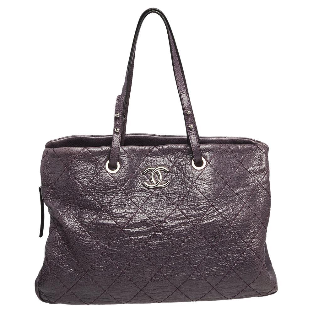 Chanel Purple Quilted Glazed Leather Large On the Road Tote