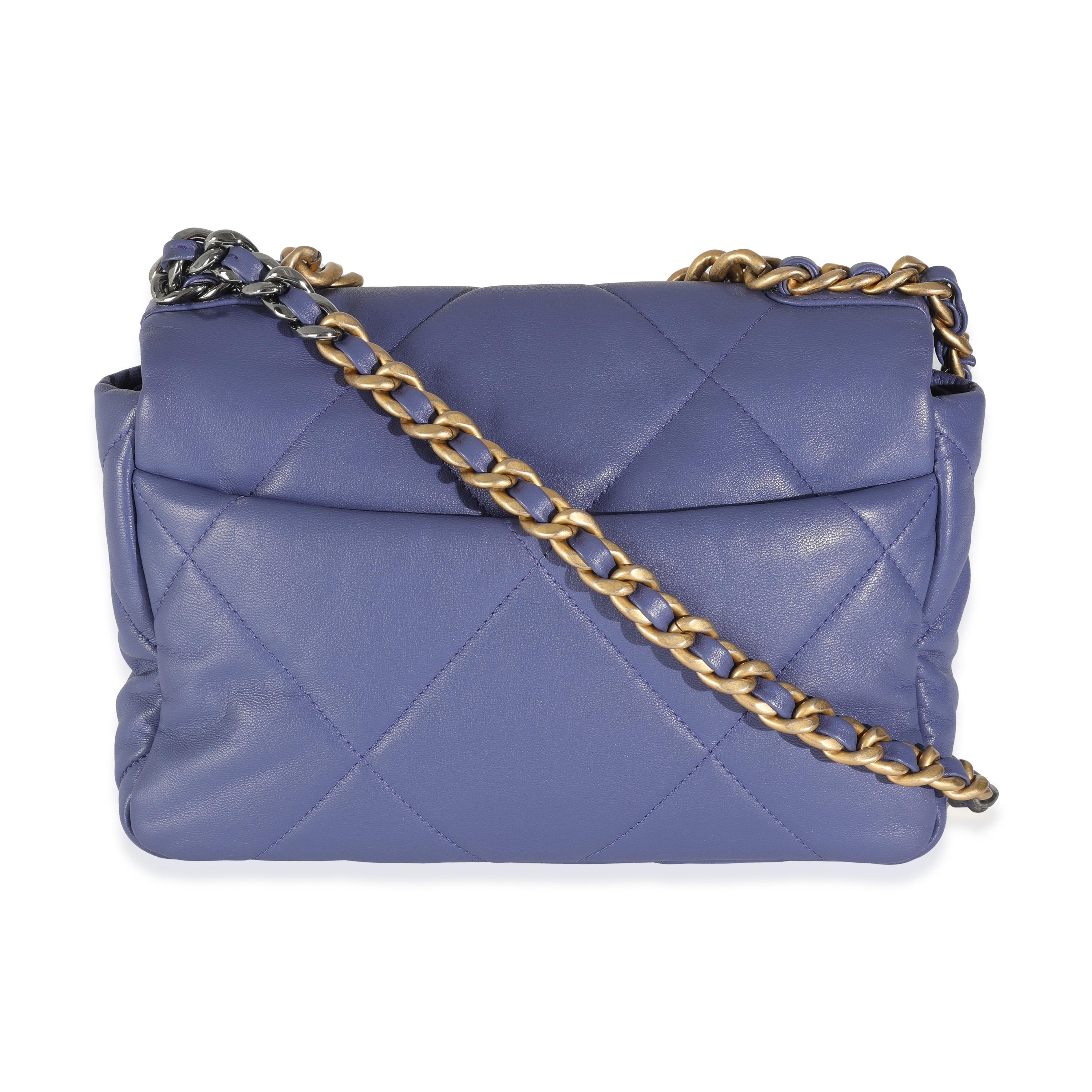 Listing Title: Chanel Purple Quilted Goatskin Chanel 19 Flap Bag
SKU: 144510
Condition: Pre-owned 
Condition Description: A timeless classic that never goes out of style, the flap bag from Chanel dates back to 1955 and has seen a number of updates.
