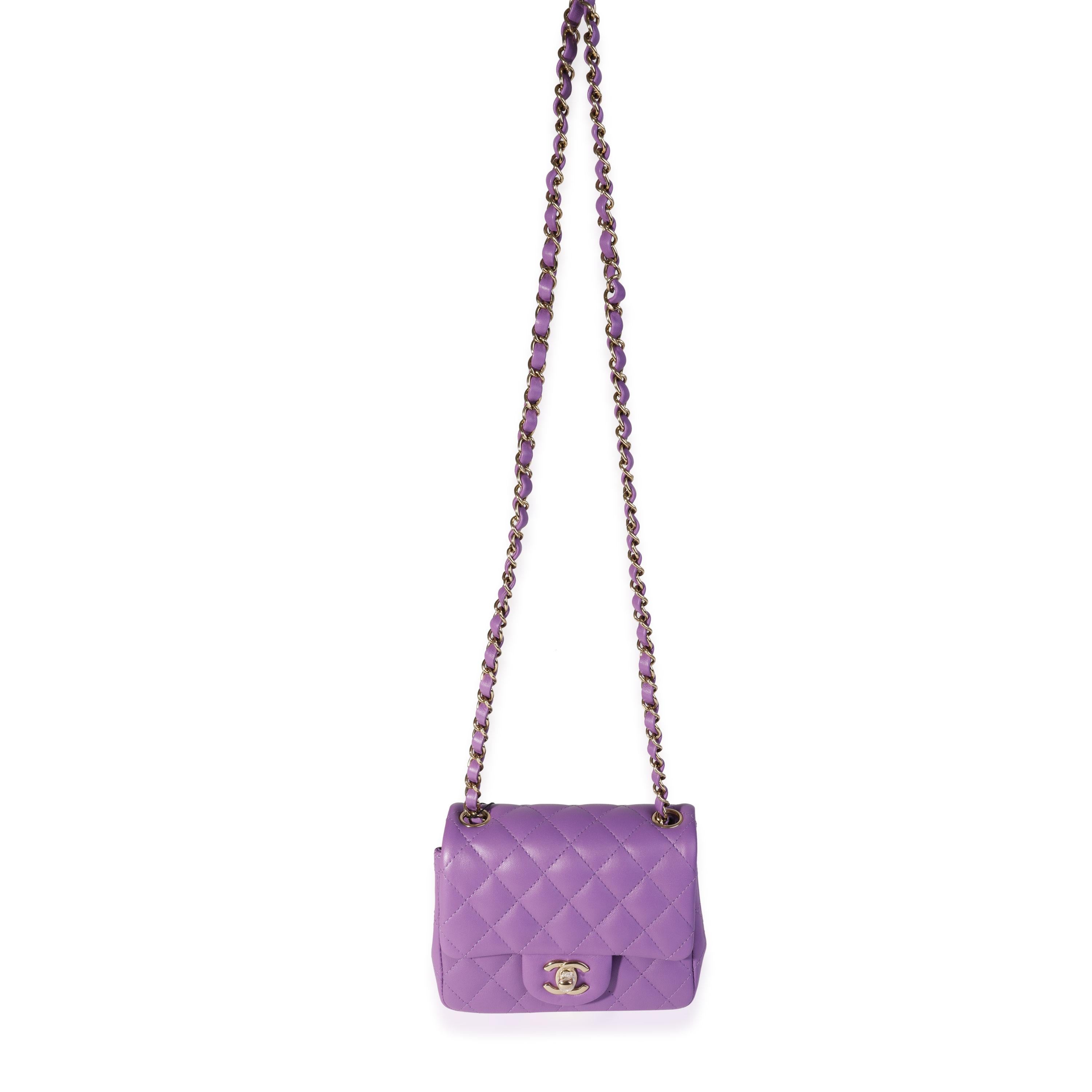 Listing Title: Chanel Purple Quilted Lambskin Classic Square Mini Flap Bag
SKU: 119746
Condition: Pre-owned (3000)
Handbag Condition: Never Worn
Brand: Chanel
Model: Purple Quilted Lambskin Classic Mini Square Flap Bag
Ligne: Classic
Origin Country: