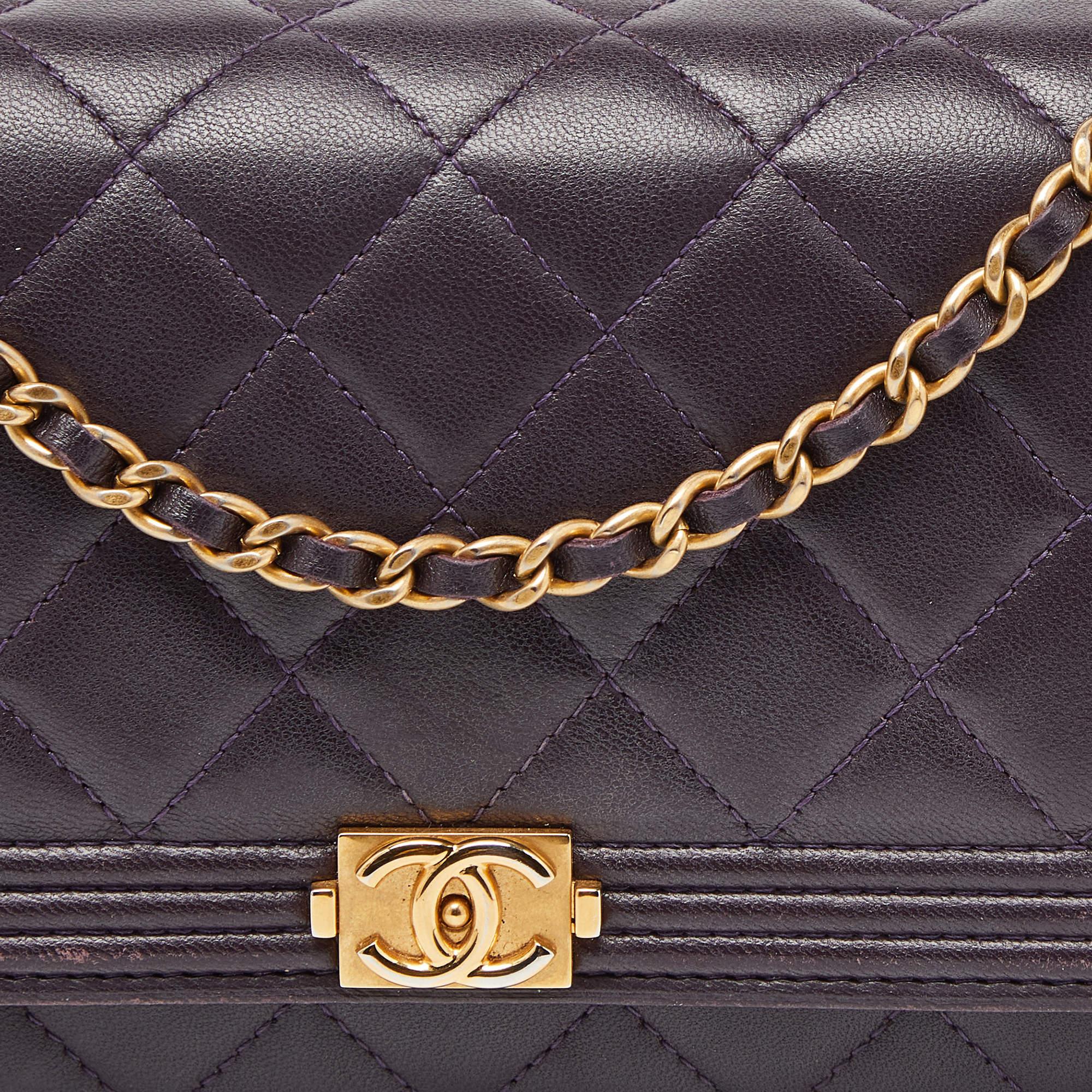 Women's Chanel Purple Quilted Leather Boy Wallet on Chain