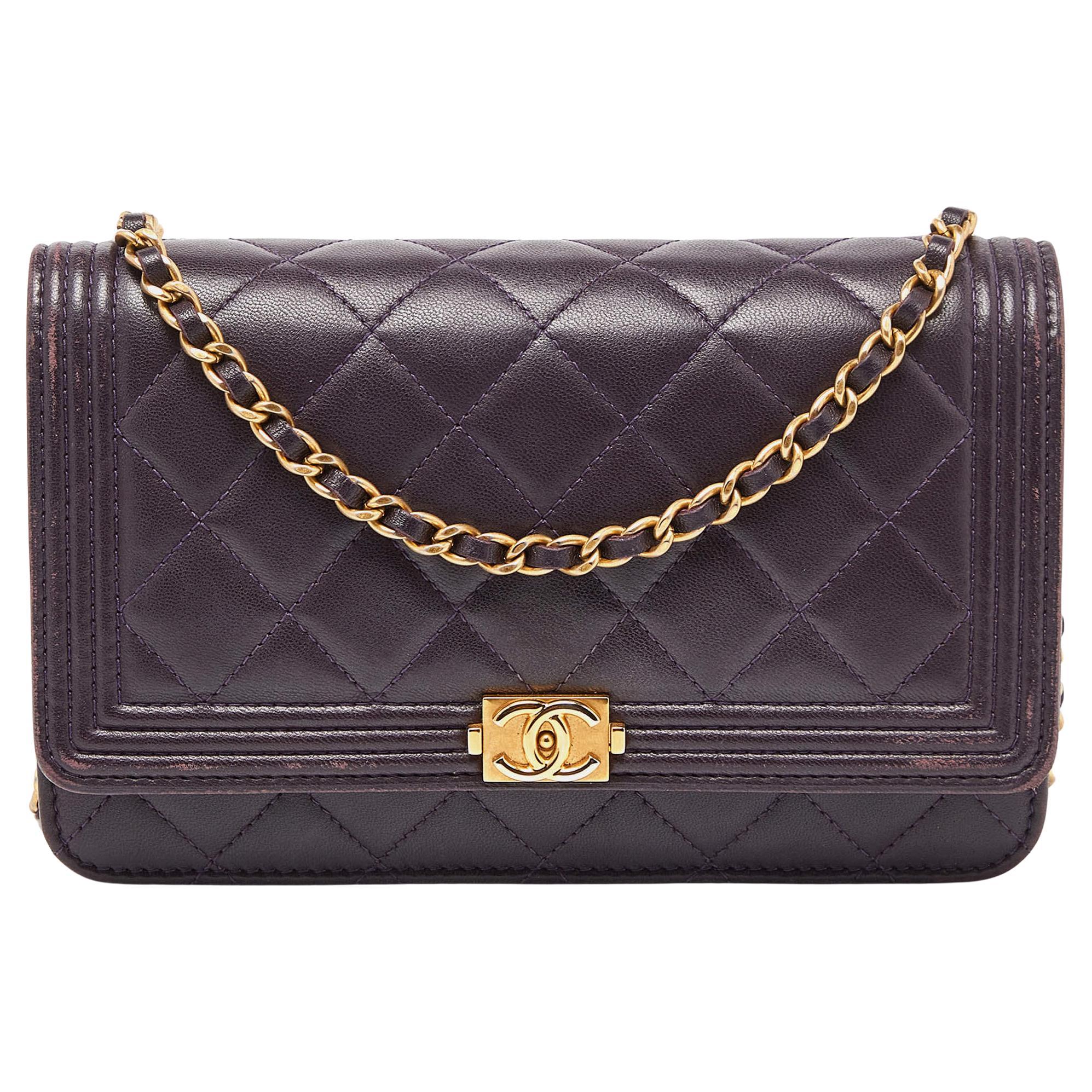 Chanel Purple Quilted Leather Boy Wallet on Chain