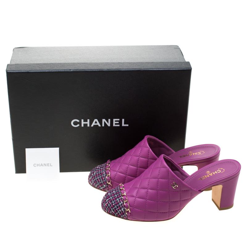 Chanel Purple Quilted Leather CC Tweed Cap Toe Slip On Mules Size 38 3