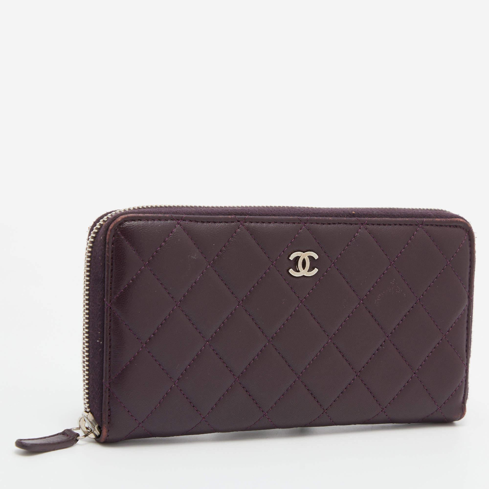 Black Chanel Purple Quilted Leather CC Zip Around Wallet