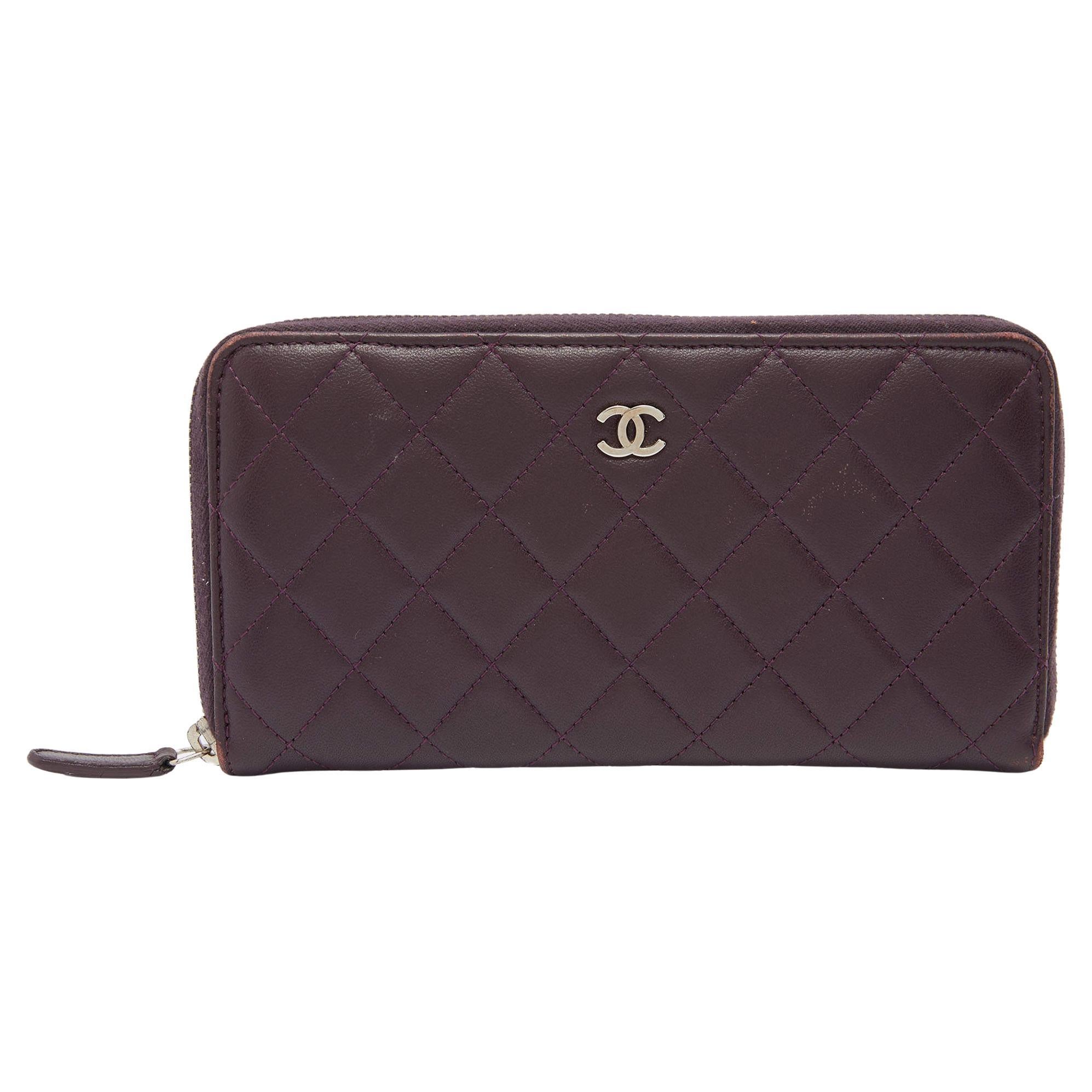 Chanel Purple Quilted Leather CC Zip Around Wallet For Sale