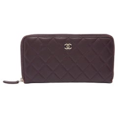 Used Chanel Purple Quilted Leather CC Zip Around Wallet
