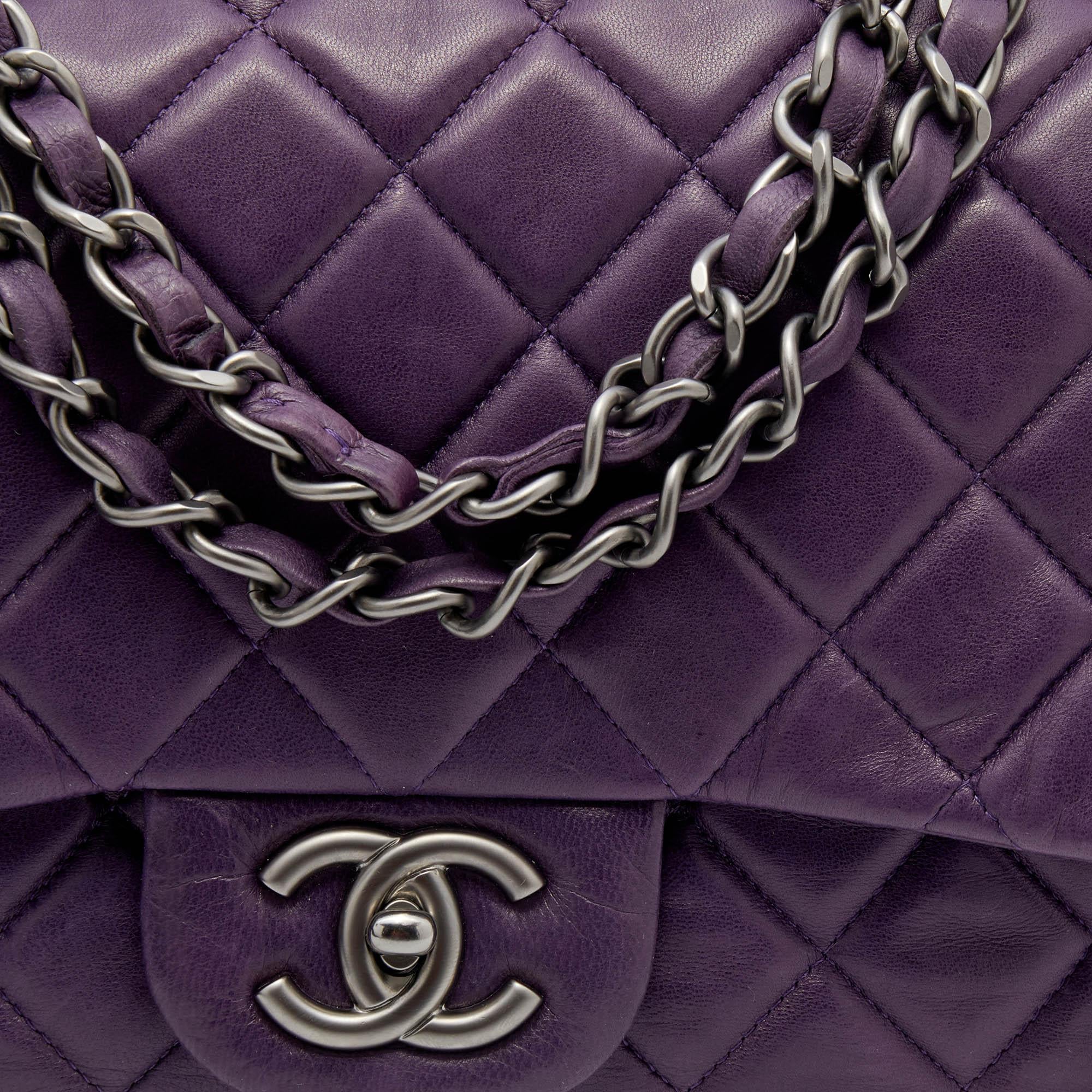 Gray Chanel Purple Quilted Leather Jumbo Classic Flap Bag