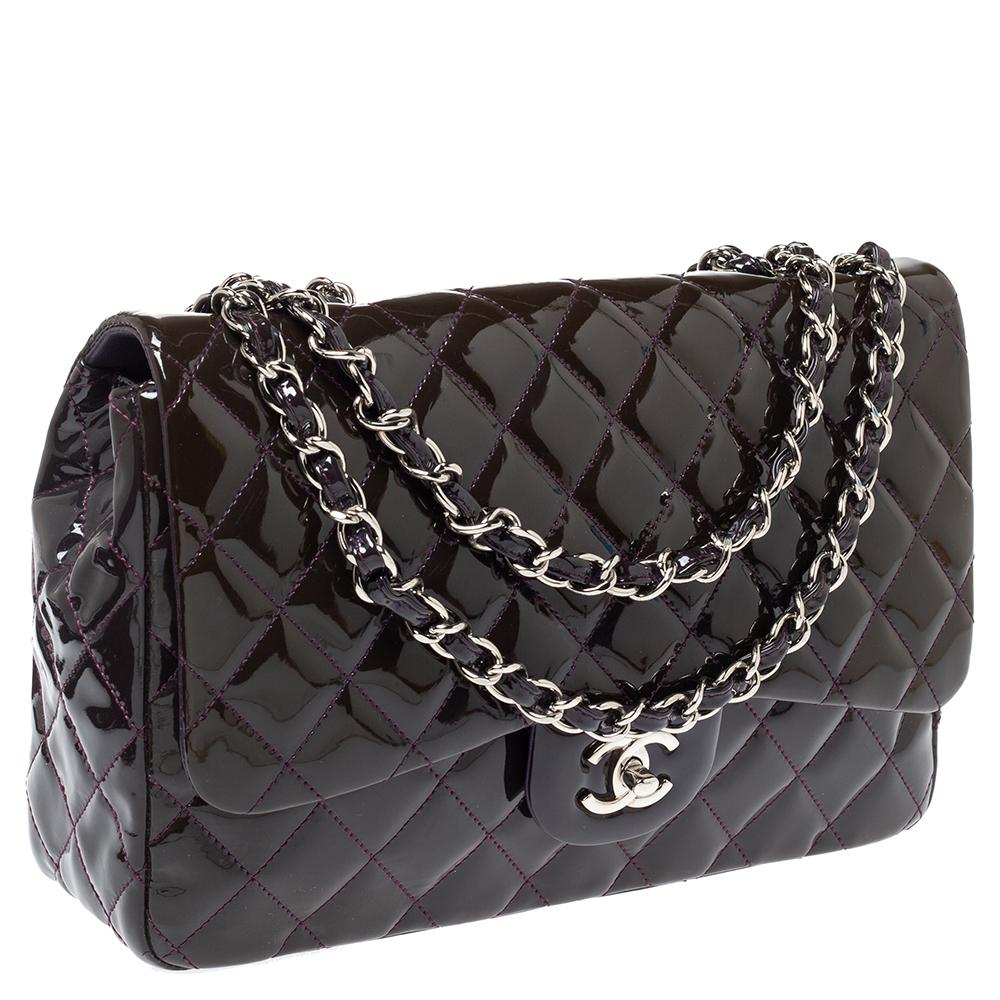 Black Chanel Purple Quilted Patent Leather Jumbo Classic Single Flap Bag