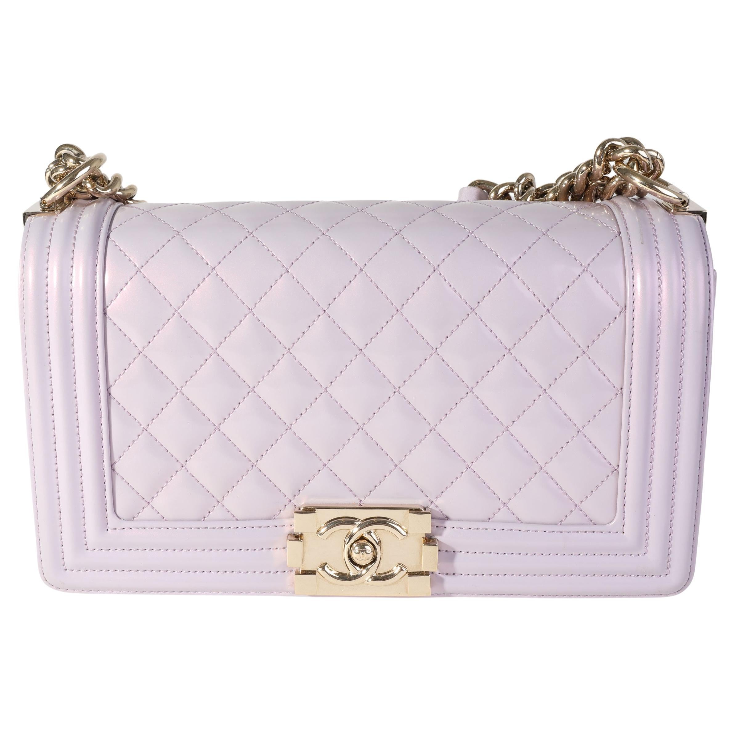 Chanel Purple Quilted Patent Leather Old Medium Boy Bag For Sale