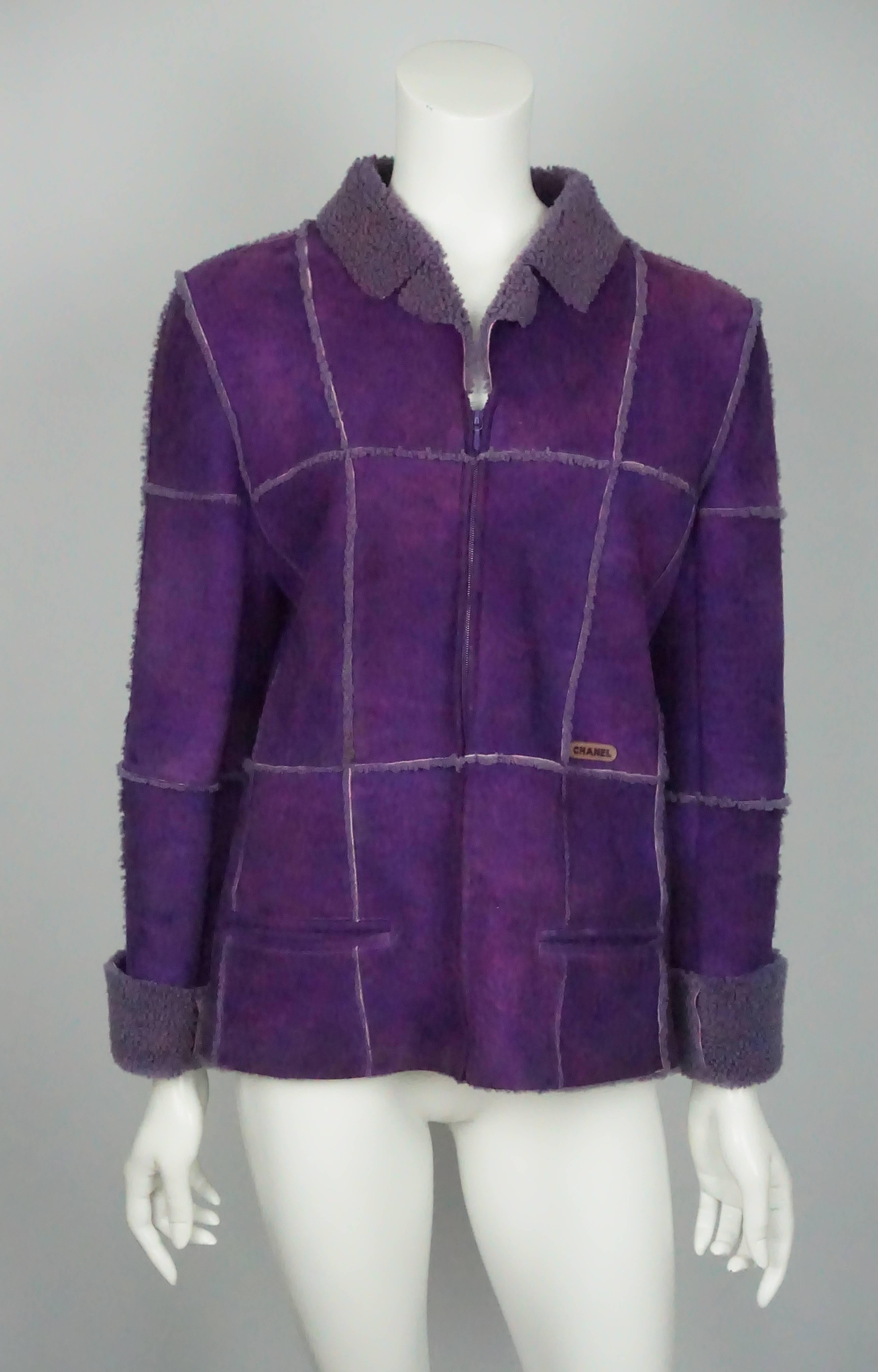 Chanel Purple Sherling Coat - 40 - 00A  This very special sherling jacket has a front zip, two front pockets, a 3