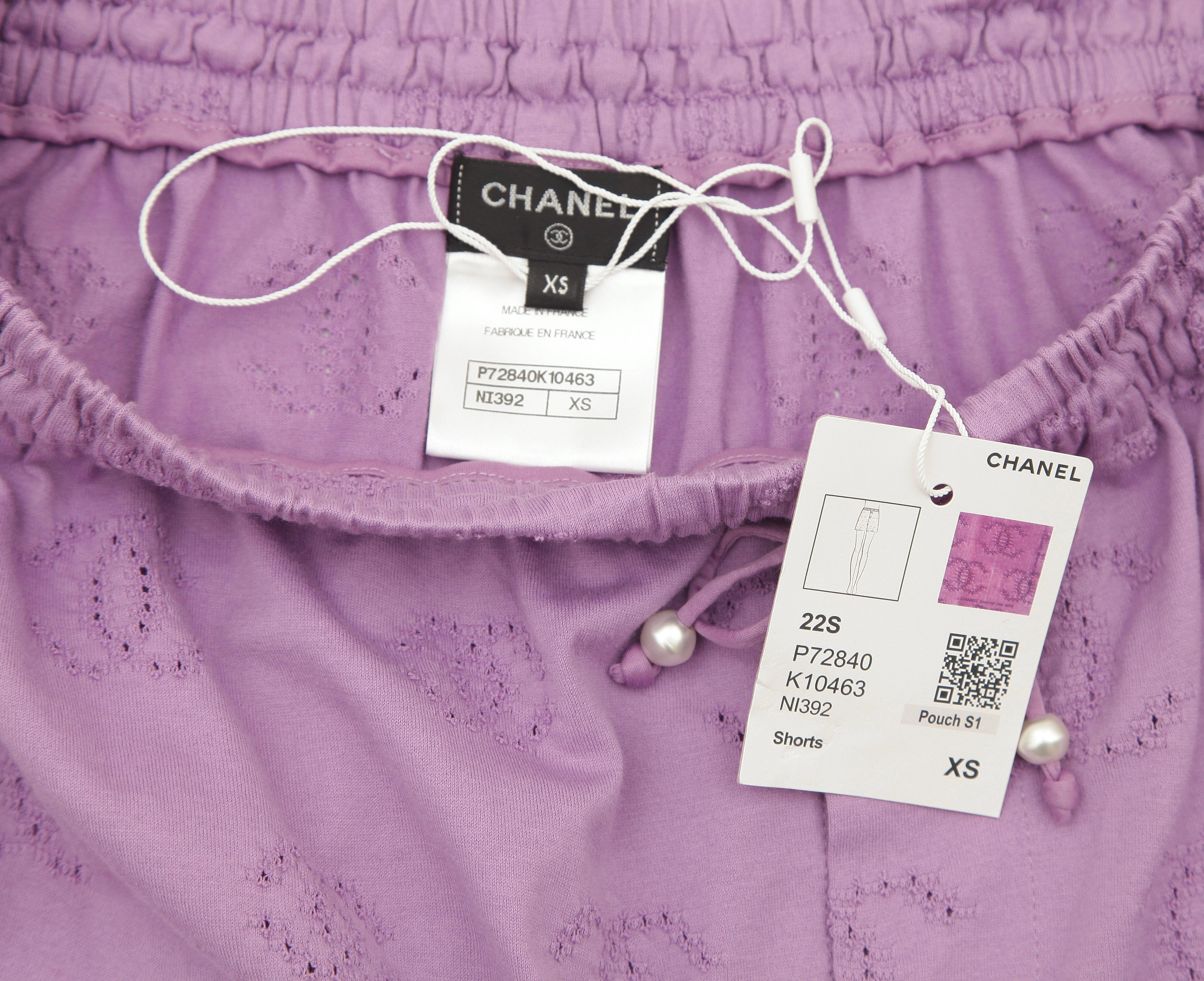 CHANEL Purple Shorts CC Logo Faux Pearls Slip Elastic On XS 2022 22S NWT $1800 2