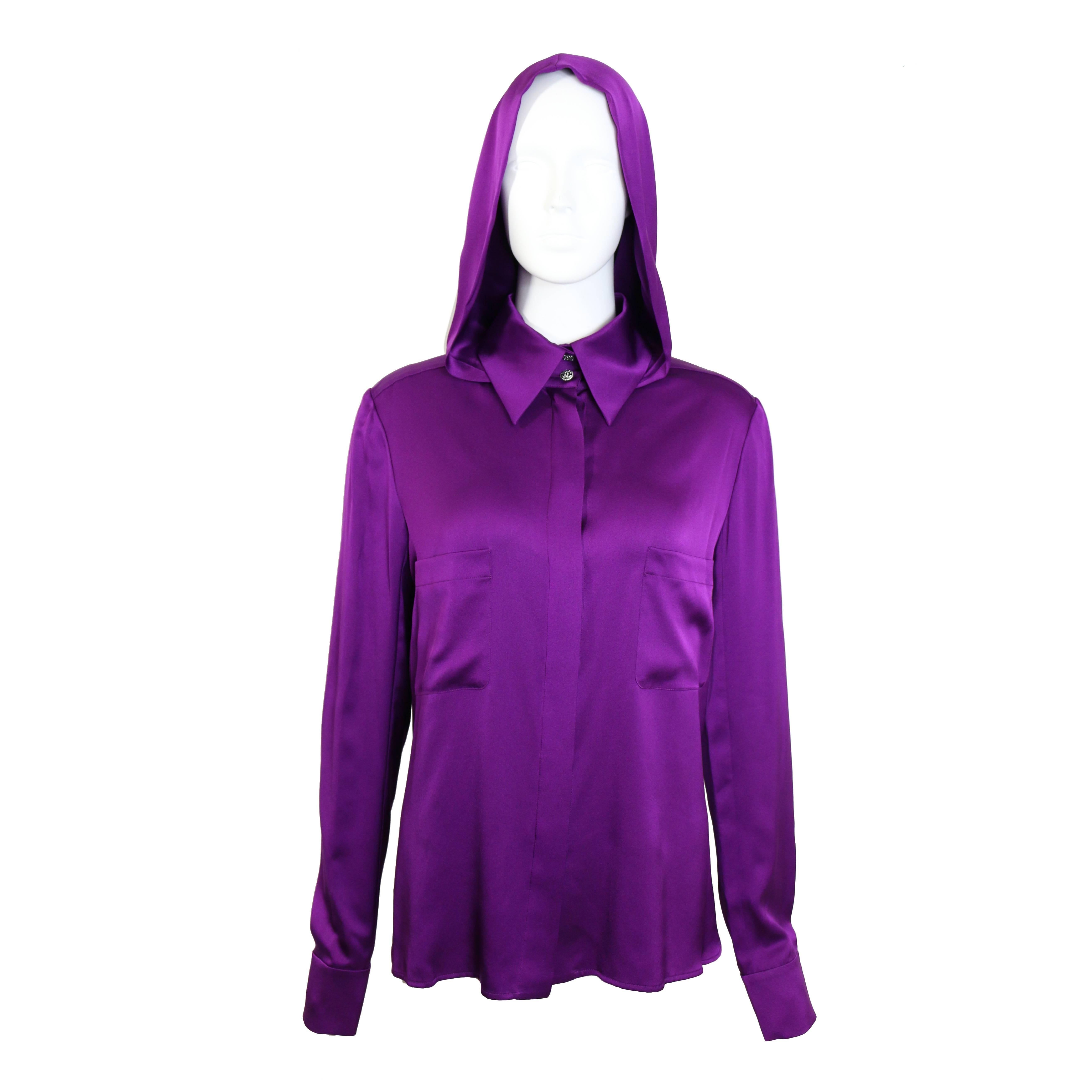 Chanel purple silk shirt with attachable hoodie For Sale 1