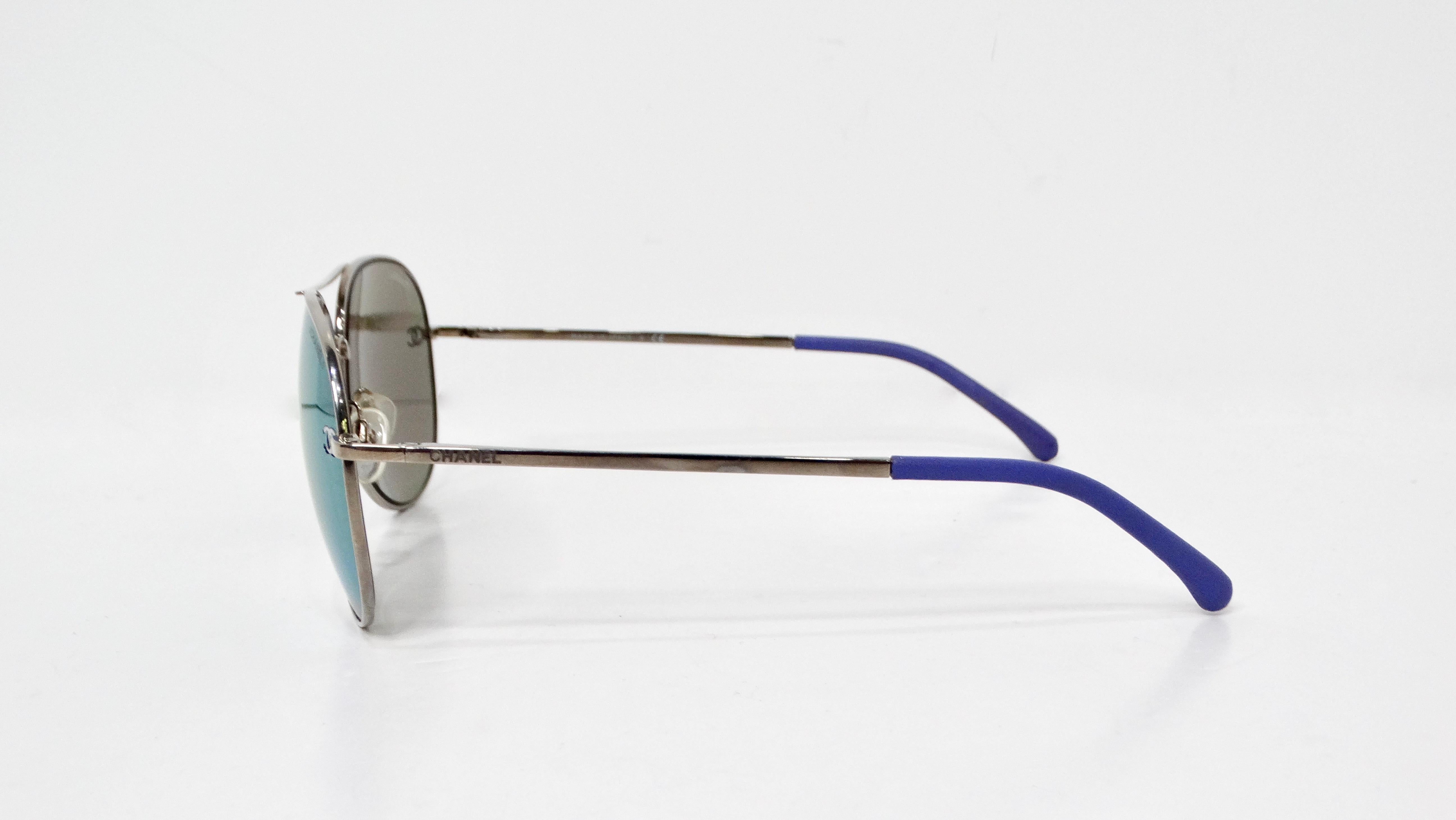Chanel Purple & Silver-Tone Metal Frame Pilot Aviator Sunglasses In Good Condition For Sale In Scottsdale, AZ