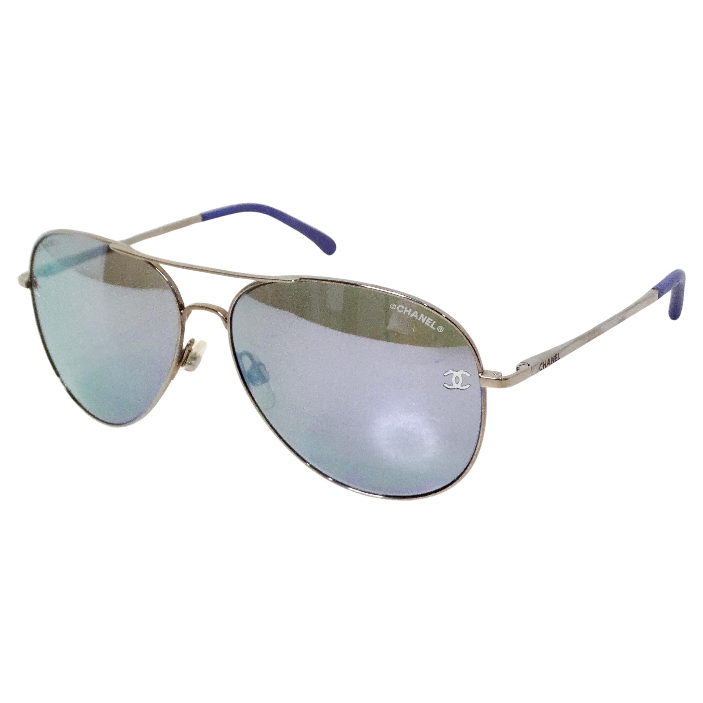Chanel Purple & Silver-Tone Metal Frame Pilot Aviator Sunglasses For Sale
