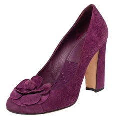 Chanel Purple Suede Camellia CC Block Heel Pumps Size 37