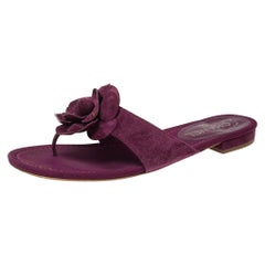 Chanel Purple Suede Camellia Embellished CC Flat Slides Size 40