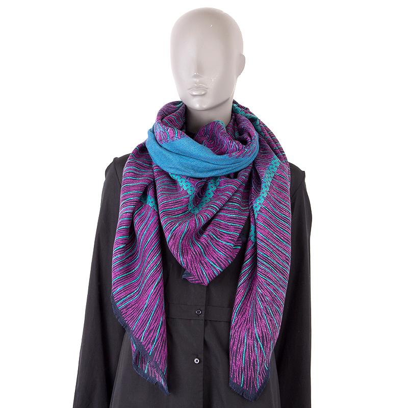 Women's or Men's CHANEL purple & turquoise FRINGE PRINT wool blend Shawl Scarf