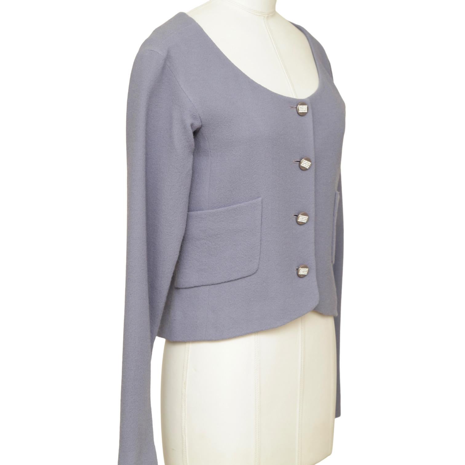 GUARANTEED AUTHENTIC CHANEL 2012 RUNWAY PURPLE JACKET

Matching Skirt Available For Sale In A Separate Listing.

Details:

• Lightweight in a light purple.
• Scoop neck.
• Crystal CC buttons.
• Front patch pockets.
• Slightly longer in the back.
•