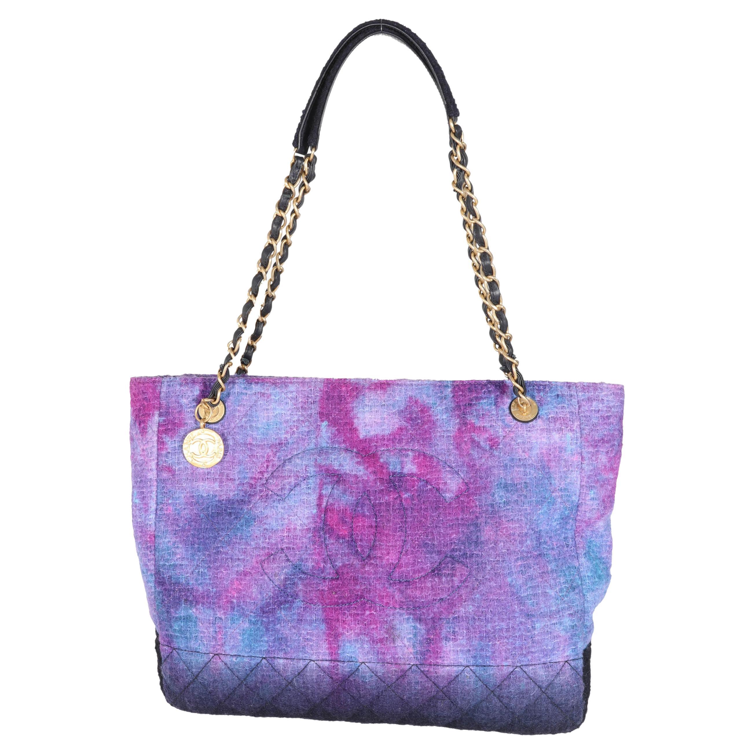 Chanel Purple Wool Tweed CC Shopping Tote For Sale at 1stDibs