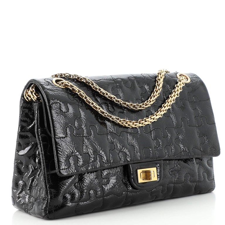 CHANEL Vintage Black Quilted Patent Leather Square Flap Bag XL
