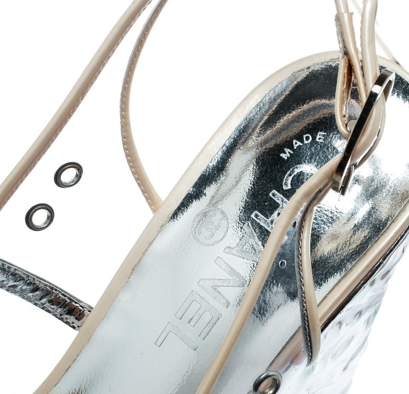 Women's Chanel PVC Metallic Silver Textured Heel Peep Toe Slingback Sandals Size 36.5