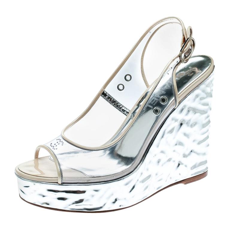 Chanel PVC Metallic Silver Textured Heel Peep Toe Slingback Sandals Size 36.5