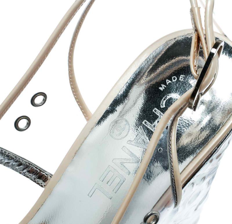 Chanel PVC Metallic Silver Wedge Heel Peep Toe Slingback Sandals Size 36.5 1